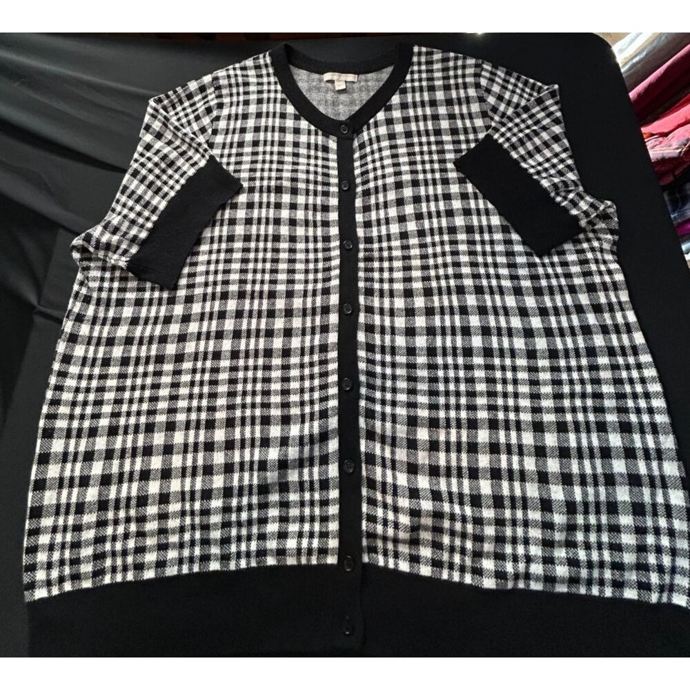 Woman Within Buffalo Plaid Cardigan 2X 26/28 White Black Short Sleeve Button Top